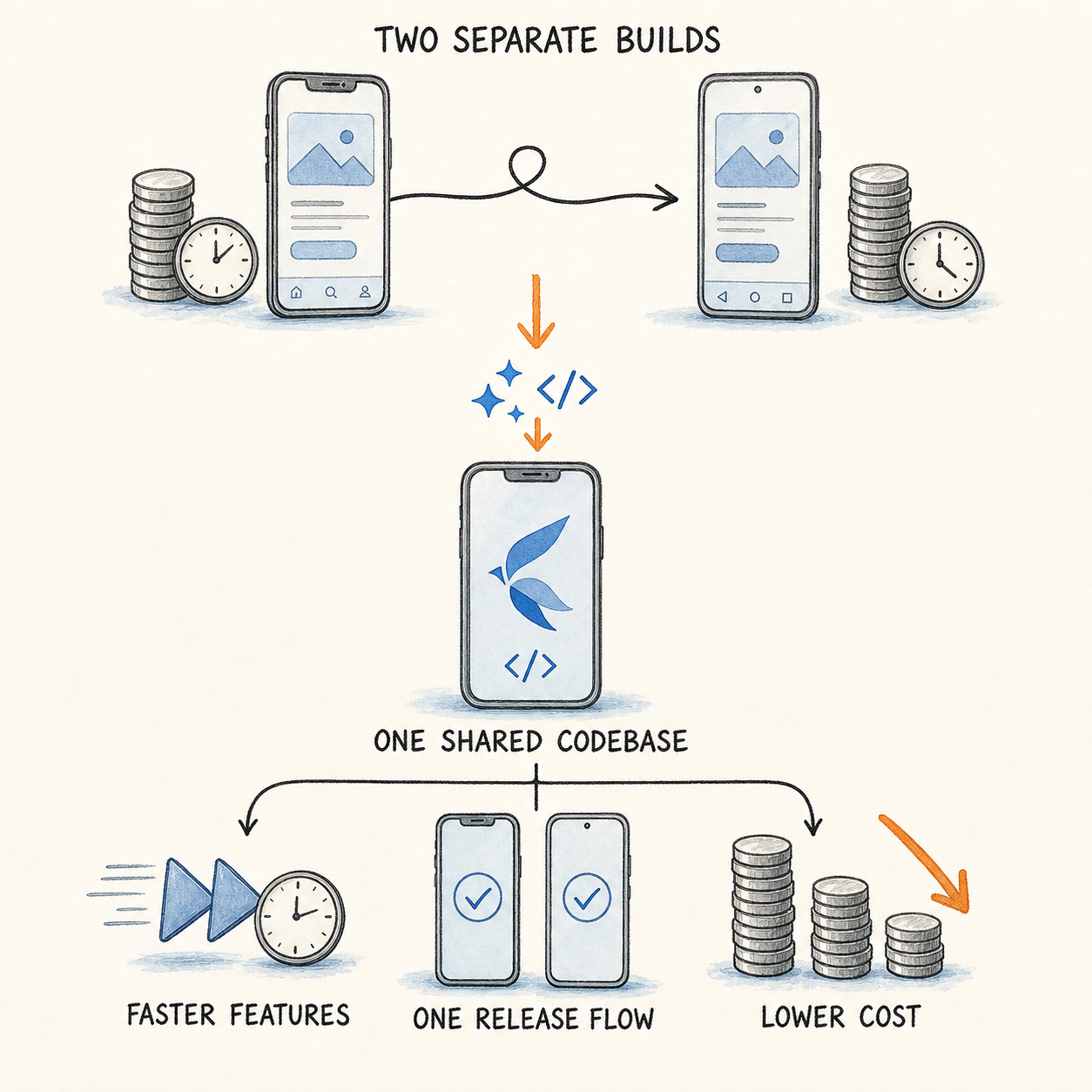 Diagram showing two separate mobile builds becoming one shared codebase with faster features and lower cost