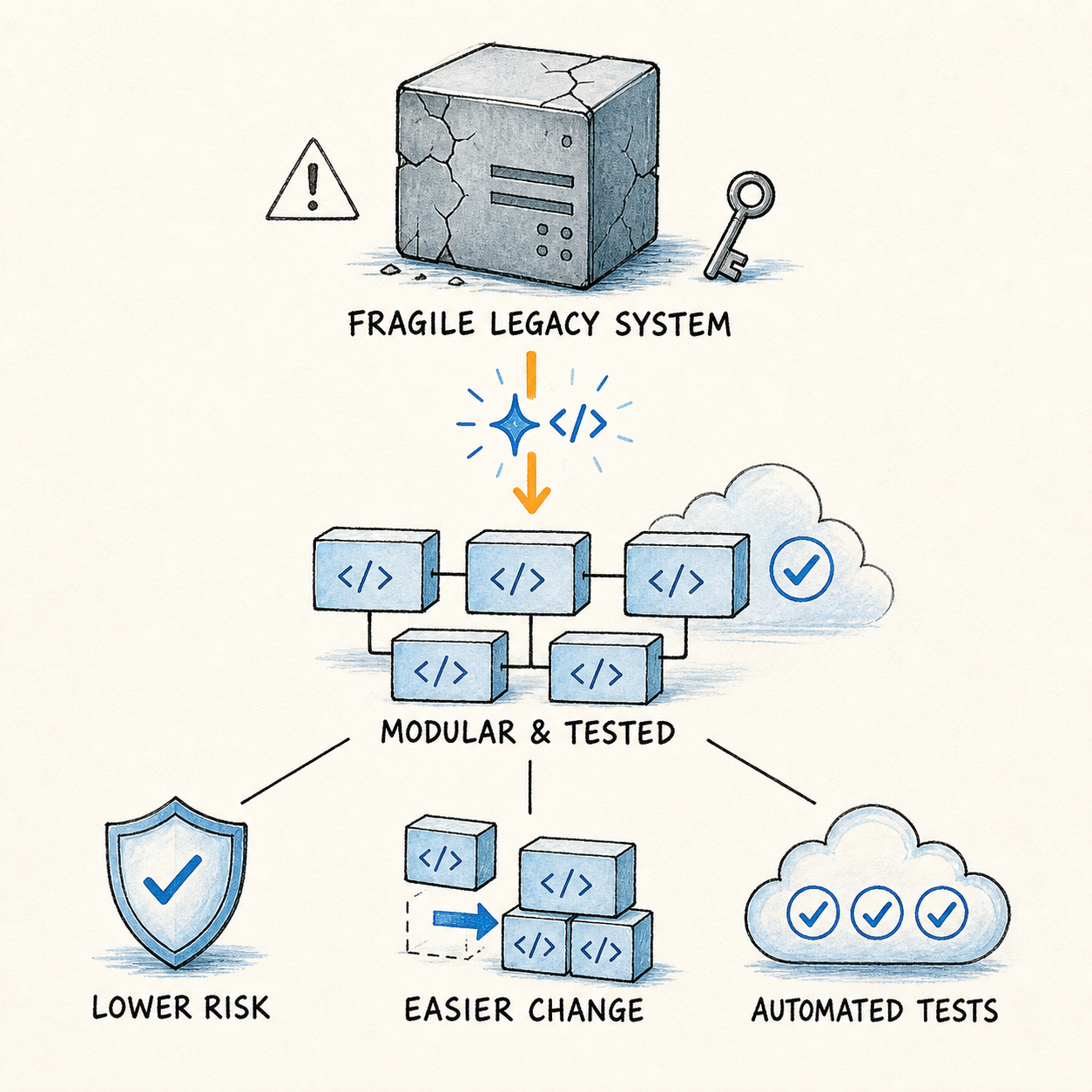 Diagram showing a fragile legacy system transformed into modular, tested software with lower risk
