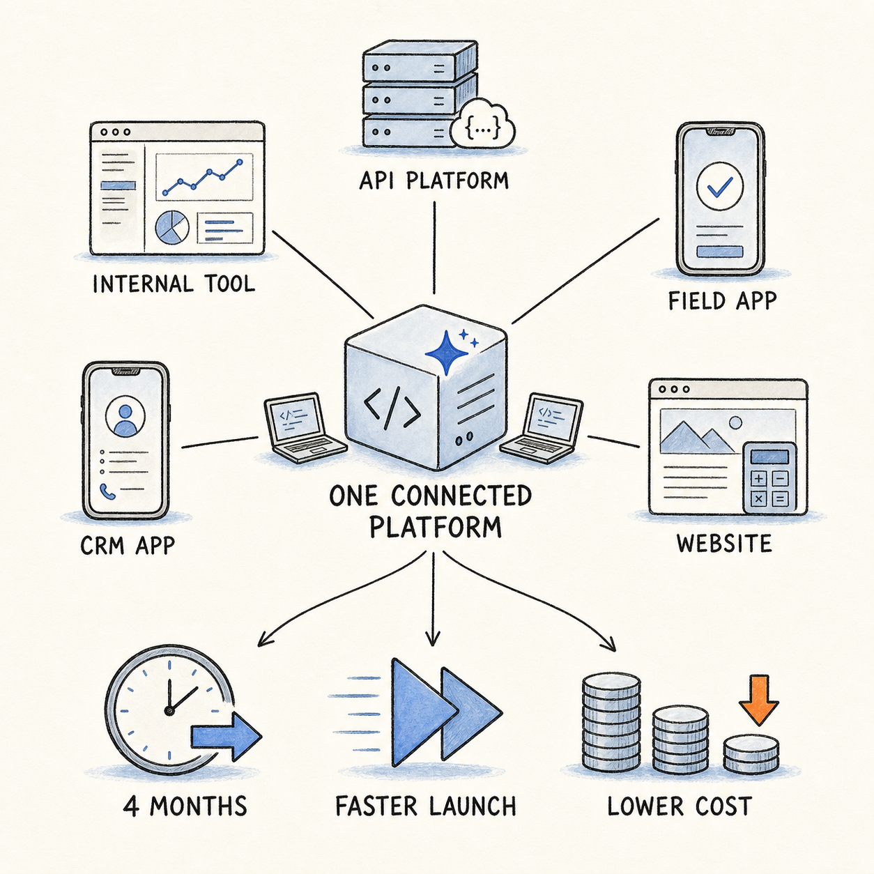 Diagram showing one connected platform supporting an API platform, internal tool, field app, CRM app and website
